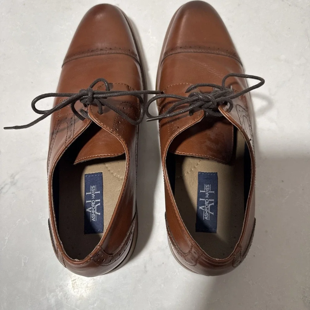Ashford & Hays Mens Brown Leather Cap Toe Oxford Dress Shoes Size 10